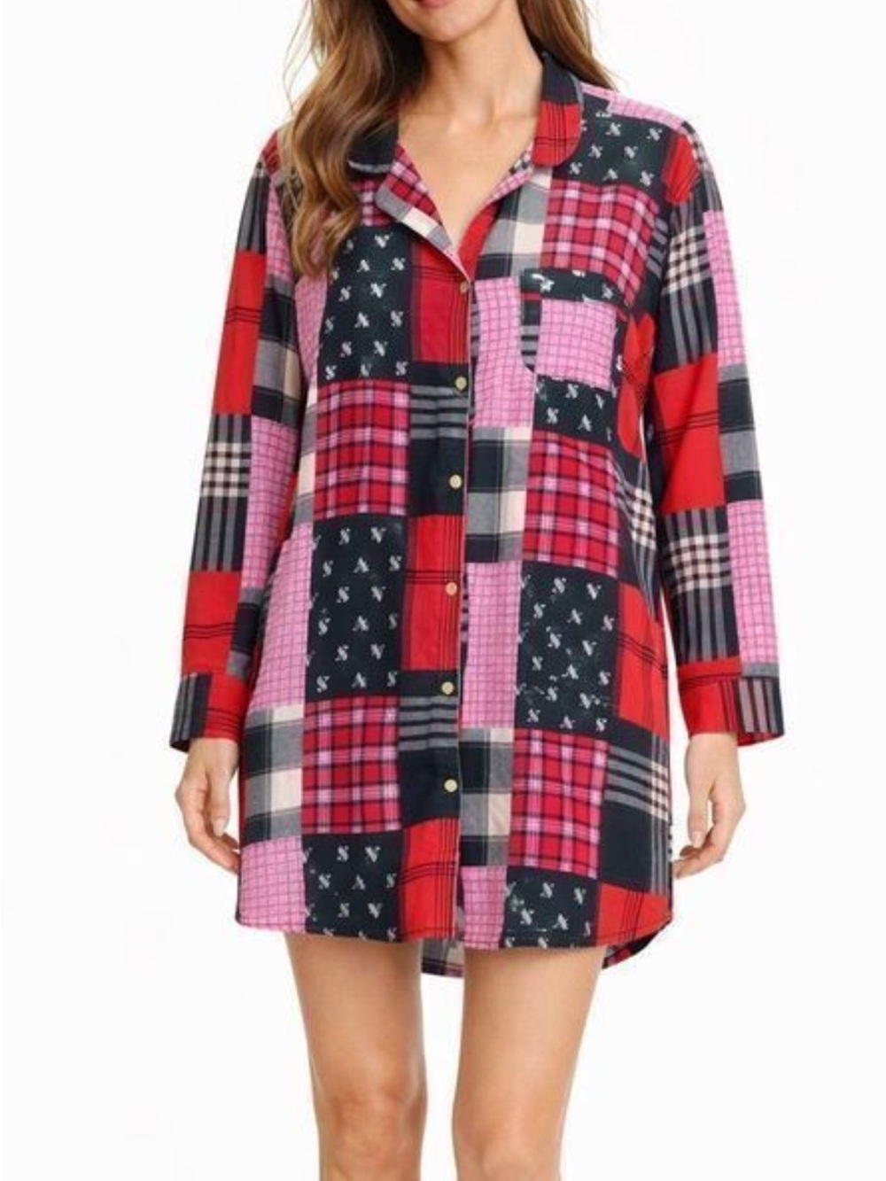 Victoria's Secret Red and Pink Plaid Button-Front Sleep Shirt